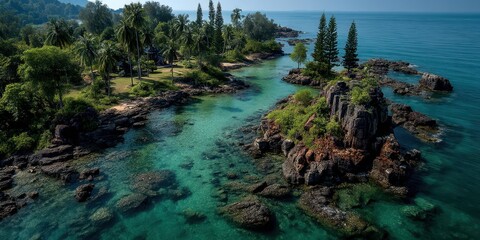 Scenic coastal view featuring lush greenery and clear waters in a tranquil seaside environment during daylight hours