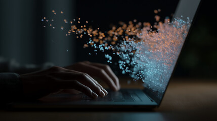 a person typing on a laptop with translucent 3D data visualizations hovering in midair