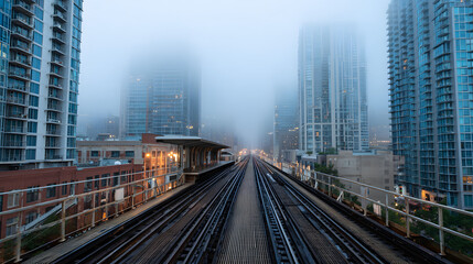 Fototapeta premium Elevated Train Tracks Vanishing into Morning Fog in Cityscape