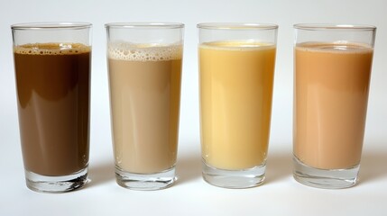 Varied Shades of Beverages in Clear Glasses on White Background