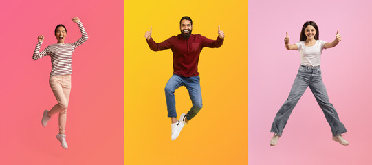 Three individuals express joy through jumping and giving thumbs up against vibrant backgrounds. Their diverse backgrounds highlight a lively celebration of togetherness.