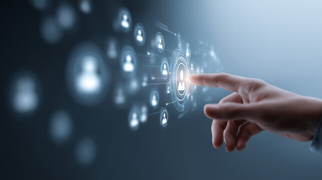 Hand reaching toward floating access level rings above digital user profiles