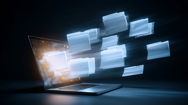 Laptop projecting 3D document folders opening and closing in air