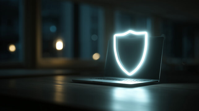 glowing cybersecurity shield hovering above a laptop on a desk
