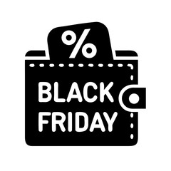 Black Friday icon, black wallet with sparkling percentage sign and "BLACK FRIDAY" text on transparent background