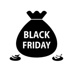 Black Friday icon, black bag with gold coins and "BLACK FRIDAY" text on transparent background