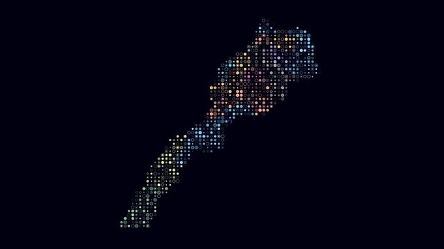 Morocco dotted animation. Shape of the country build of pulsating colored dots. Small size circle blocks. Digital style map on dark background. Classy video.