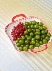 Ripe green gooseberries in a bowl on a table with a tablecloth. Seasonal berries.