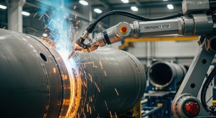 Industrial robotic welder fusing metal sections of ballistic missile casings on a controlled production floor.