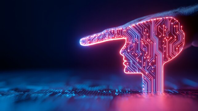 Finger pointing at AI circuit head silhouette in neon lights - Powered by Adobe