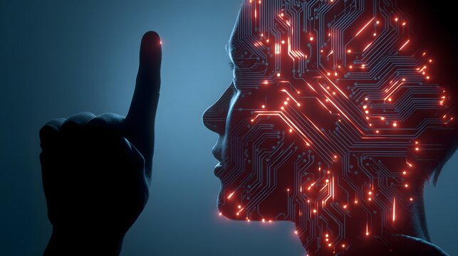 Finger pointing at AI circuit head silhouette in neon lights