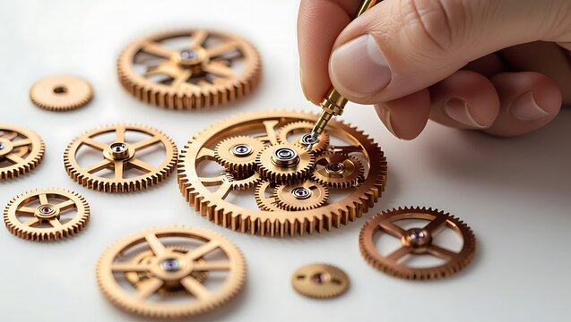 Hand assembling intricate golden clockwork gears mechanism
