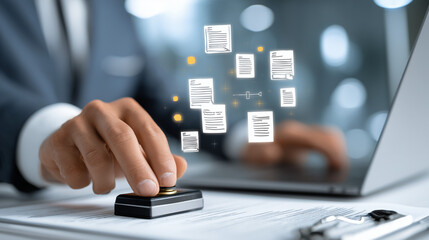 man stamping a document next to a laptop with floating legal document graphics