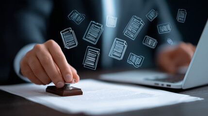 man stamping a document next to a laptop with floating legal document graphics