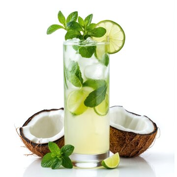 Refreshing coconut mojito cocktail with lime, mint, and ice in tall glass. Two halves of fresh coconut beside drink. Vibrant tropical beverage perfect for summer refreshment and parties.