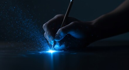 Hand holding stylus creating glowing blue light particles