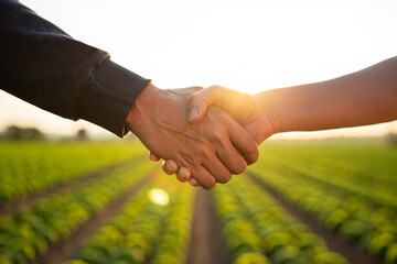 Farmers Handshake in Field at Sunset - Partnership and Agriculture