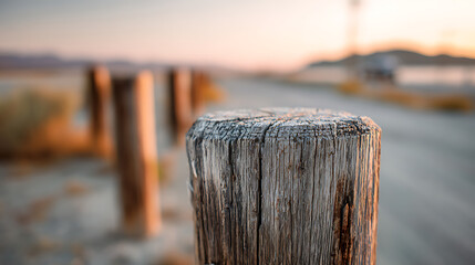 Fototapeta premium Weathered wooden post with cracked surface against a blurred landscape at sunset cracked texture rustic