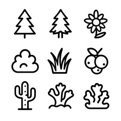 Mountain Flora Icons. Solid, filled icon set of mountain flora: pine tree, fir tree, alpine flower, moss, shrub, grass tuft, wild