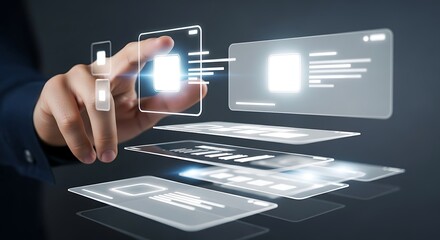 Businessman interacting with a futuristic holographic user interface. Digital transformation and innovation concept.