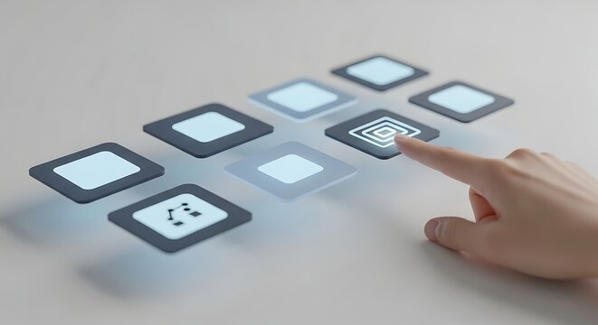 A person's finger interacts with a futuristic digital user interface, selecting a calculator application from a floating grid of holographic icons.