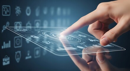 A finger whisking across a transparent touchscreen, interacting with a futuristic dashboard of glowing digital icons and data.