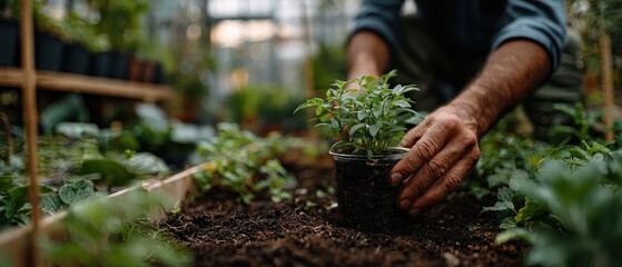 Man planting young plant seedling in fertile soil at greenhouse Concept of gardening, environmental care, and sustainable agriculture