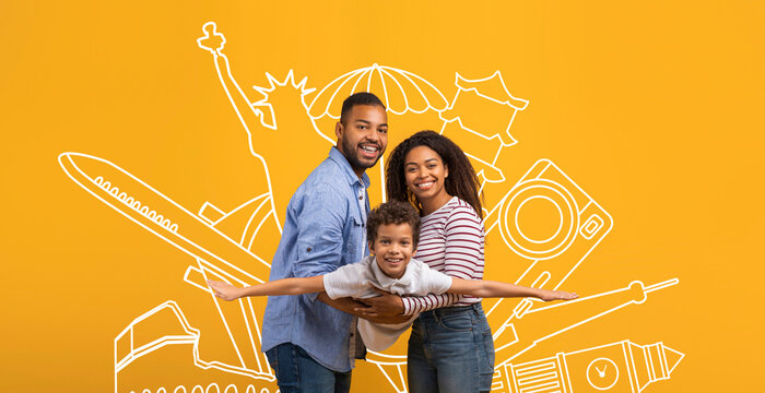 A joyful family poses together, showcasing excitement for their upcoming summer holiday. The vibrant background features travel icons like passports, tickets, and landmarks, highlighting adventure.