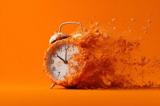 Surreal illustration of an alarm clock disintegrating on an orange background. Ideal for marketing campaigns, time-sensitive projects, or editorial visuals emphasizing urgency.
