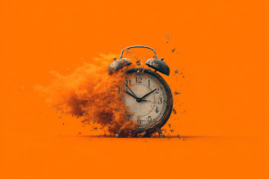 Conceptual image of an alarm clock dissolving against a bright orange backdrop, symbolizing urgency, deadlines, or fleeting time. Perfect for business, productivity, or motivational content - Powered by Adobe