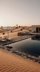 Fototapeta premium An ultra-modern, minimalist concrete mansion stands alone in a vast, silent desert.