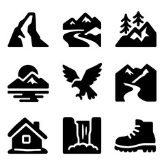 Obraz premium Nature Tattoo Icons. Solid, filled icon set of Mountain and landscape tattoos: cliff edge, river bend, pine forest, sunset horizon