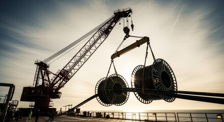Offshore platform crane lifting armored umbilical cable spools for subsea field tieback connection operations.