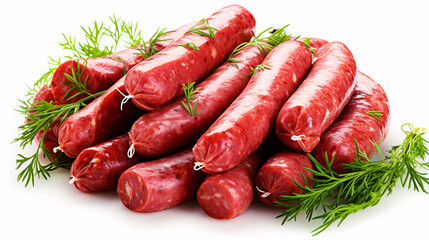 Raw red sausages with green herb sprigs