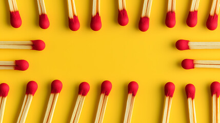 Matches with red tips arranged to frame the center on a plain yellow background in a minimalist flat lay composition.