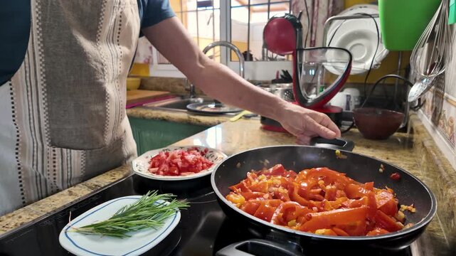 Home cook preparing a vegetarian dish with fresh red bell peppers, stirring them in a pan on a ceramic hob, with chopped tomatoes and rosemary nearby, in a waste free cooking style