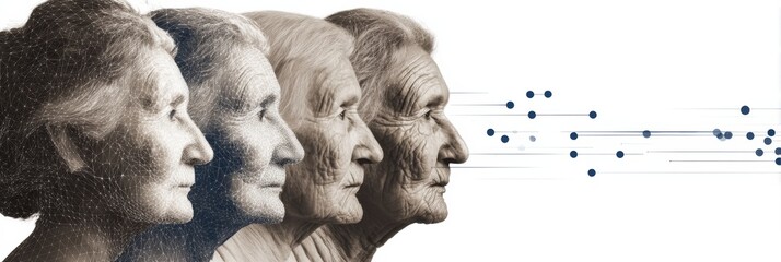 Faces Gradually Morphing to Depict Aging Timeline With Data Visualization Elements Illustrating Changes Over Time