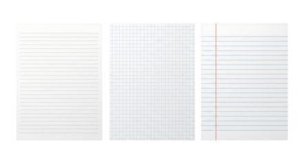 Set of lined, graph, and ruled notebook paper sheets with torn edges. Isolated on transparent background, png