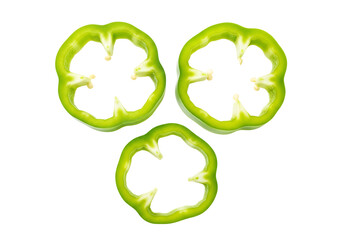 Three round slices of fresh green bell pepper, cross section top view. Isolated on transparent background, png