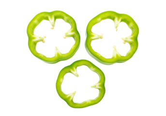 Three round slices of fresh green bell pepper, cross section top view. Isolated on transparent background, png