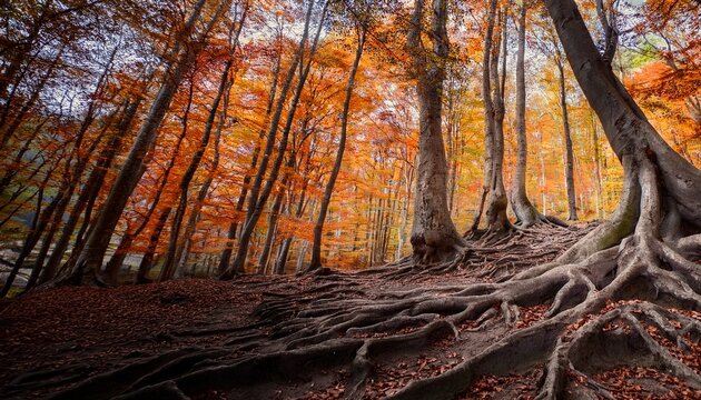 majestic intertwined tree roots in a serene autumn forest landscape