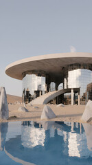 A cutting-edge cubic mansion is seamlessly embedded in desert dunes.