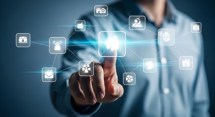Businessman orchestrating business process automation by touching a digital interface with a network of integrated service icons.