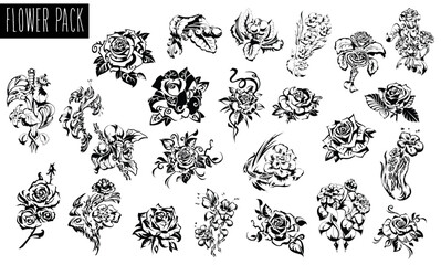Flower Pack Collection: Artistic compilation of elegant rose floral silhouette elements, perfect for creative designs. Emphasizing intricate details and design versatility.