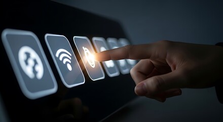 Businessman's hand selecting a glowing cloud technology icon on a futuristic digital tablet screen for business services.