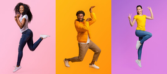 A cheerful collection of three diverse people in dynamic poses with colorful backgrounds. They are showcasing their individuality and enjoying a moment of self-expression through lively movements.
