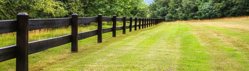 Wooden Fence on Grassy Field Rustic Landscape, Countryside , Fence