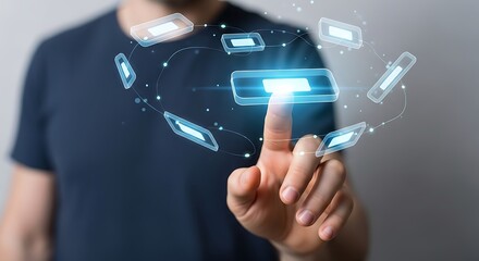 Man's hand touching a floating digital interface, symbolizing innovation and the future of technology and data networking.