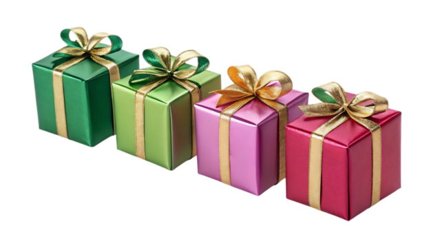 Four colorful striped gift boxes with ribbons isolated on transparent background