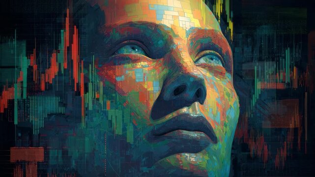Contemplative futuristic face observes abstract stock market data chart